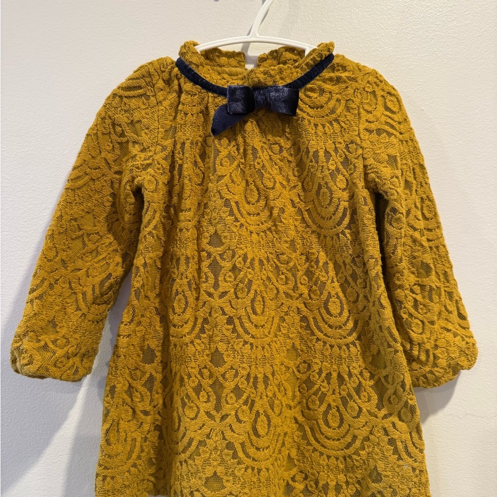 Elegant Mustard Lace Dress with Navy Bow